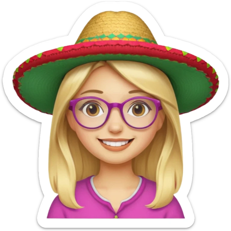 blonde girl with straight hair and glasses with a Mexican hat  sticker