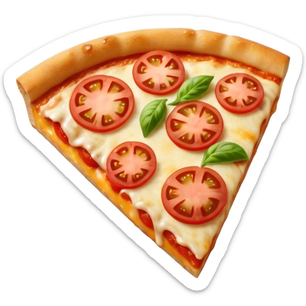 close-up of a single slice of margarita pizza, gooey cheese and tomato sticker