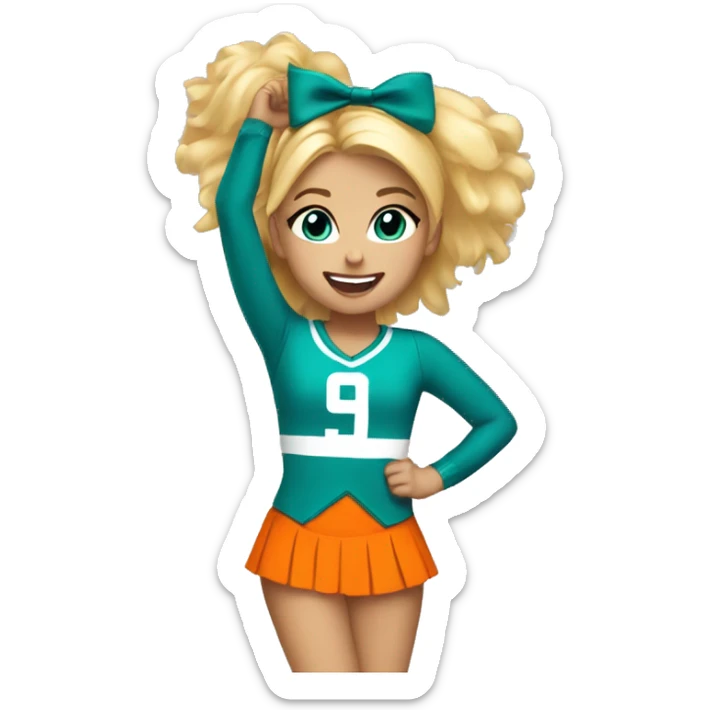 Cheerleader, girl, teal and orange uniform, blonde hair, pom poms, happy sticker