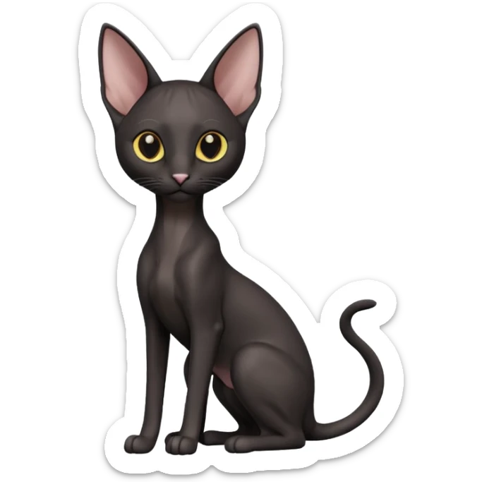 A 3D cartoon black Oriental Shorthair cat with sleek body, tall ears, reflective fur, dark cinematic background, Memoji-style. full body or half body. sticker