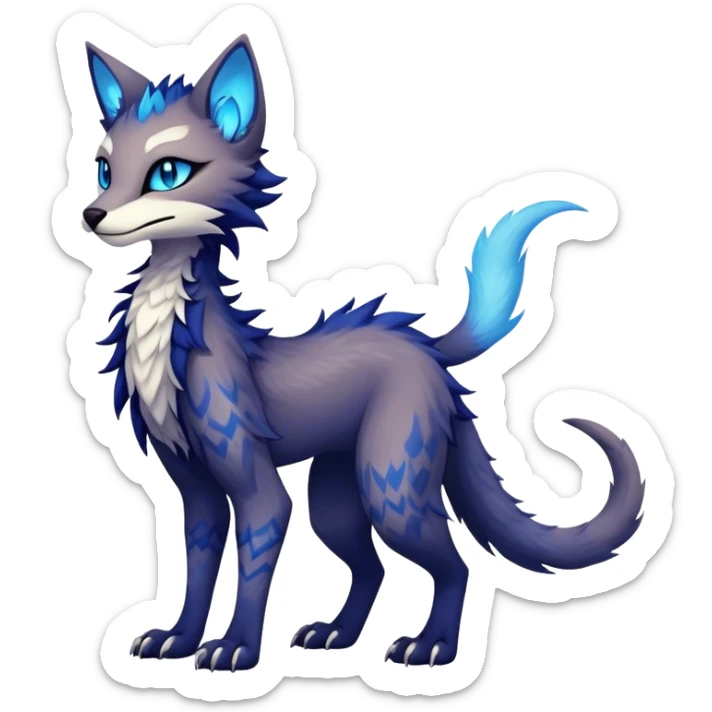 Kawaii dark edgy fantasy ethereal feline-vernid-sergal-fursona animal creature with a tufted tail full body with intricate markings  sticker