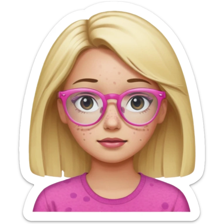 Innocent blonde woman with black eyes and light skin and pink glasses and freckles  sticker