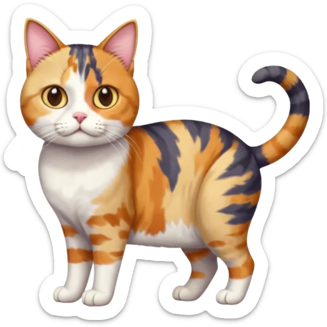 full body colourful calico tabby cat with disproportioned head with an anxious face and fully white front legs sticker