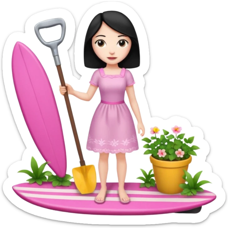 Princess who wearing dress (woman) black hair holding her cellphone and a garden shovel with another hand. She is standing on her feet, there is one pink surfing board. sticker