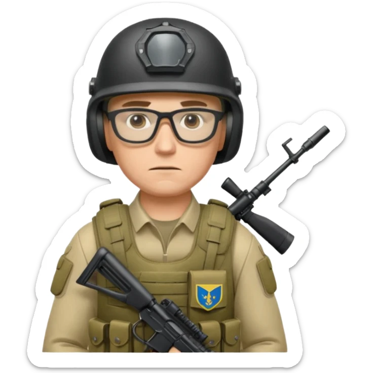 Ukrainian intelligance agency warrior man in platecarrier with nato riffle in helmet and glasses sticker