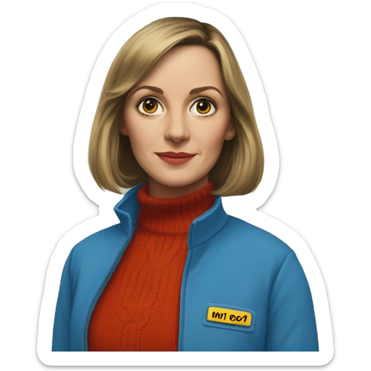 Shelly duval from the shining but I’m a blue mechanic suit and a colorful turtle neck sticker