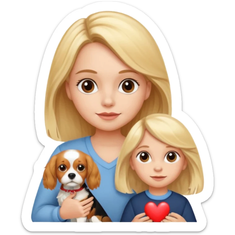 A little blonde girl with blond mom and cavalier king charles spaniel and heart sticker