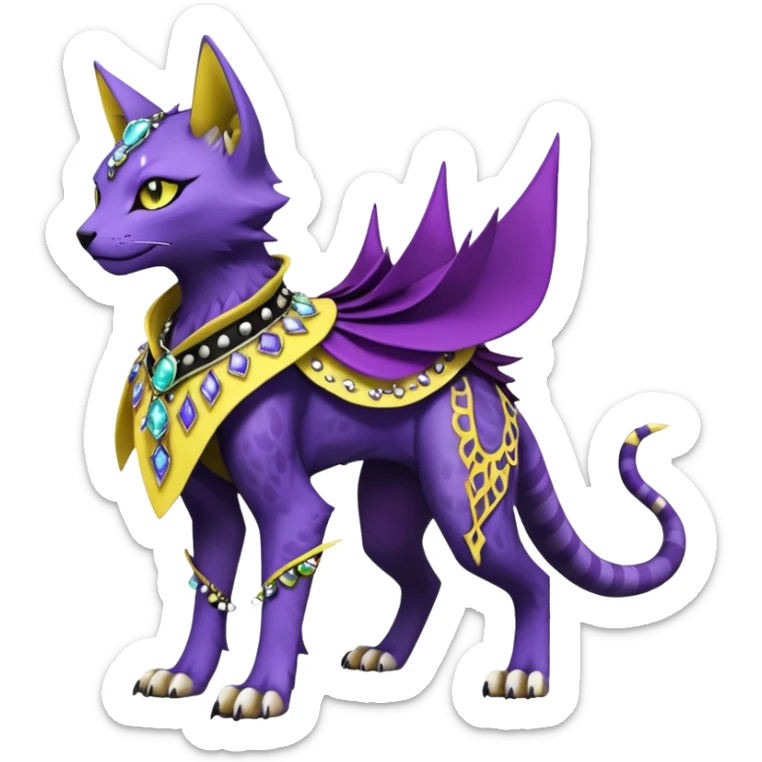 Kawaii cute Violet Yellow Black beautiful pretty elegant divine edgy feline-vernid-sergal-Fakémon-Pokémon-Digimon-fursona-animal-creature, full body, with intricate detailed markings, Embroidered capelet, Gem-studded horn ring sticker