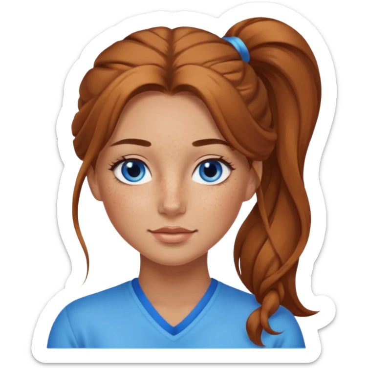 Attractive Woman with tan skin, blue eyes, wide face, freckles, and a long voluminous ponytail  sticker