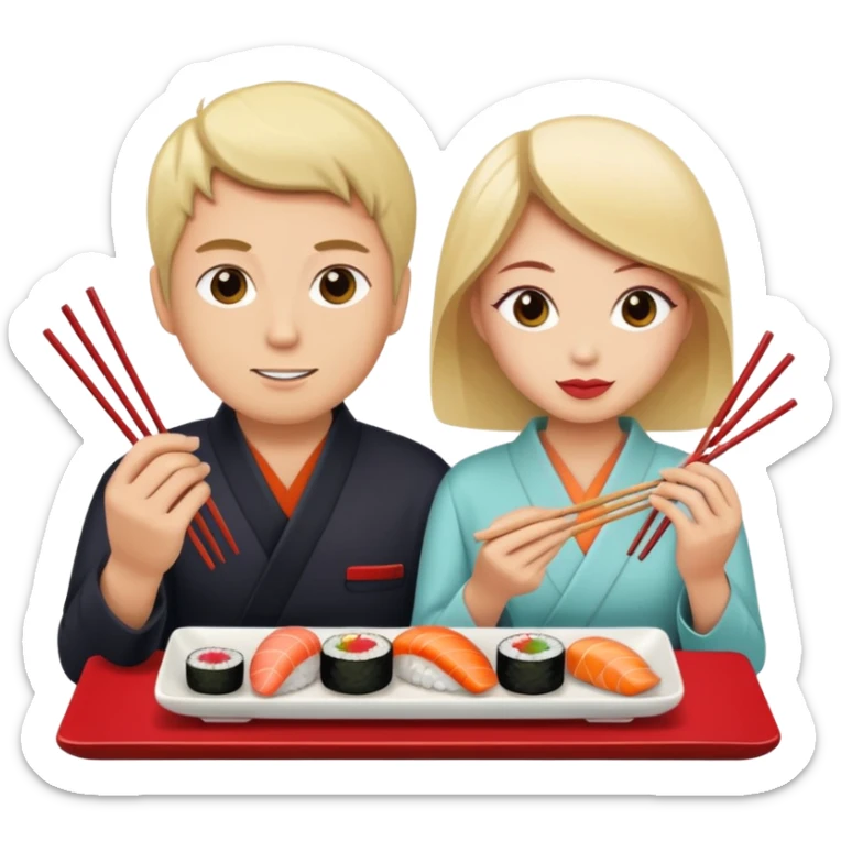 A couple of white people vacationing in Japan, eating sushi sticker