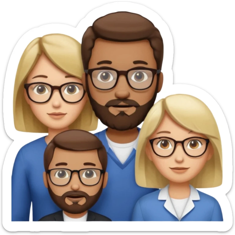 Four people including a man with hair and glasses, a man with a beard and no glasses, a woman with long brown hair and no glasses and a woman with a blonde bob and no glasses sticker