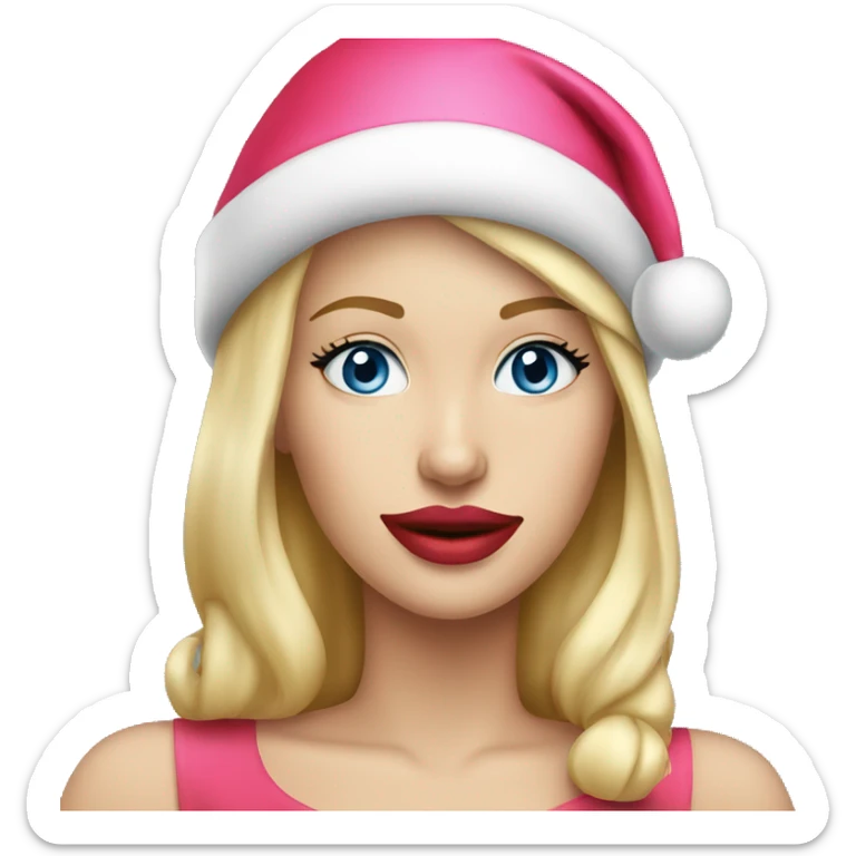 Beautiful blonde blue eyed woman, pink lips, wearing red santa hat sticker