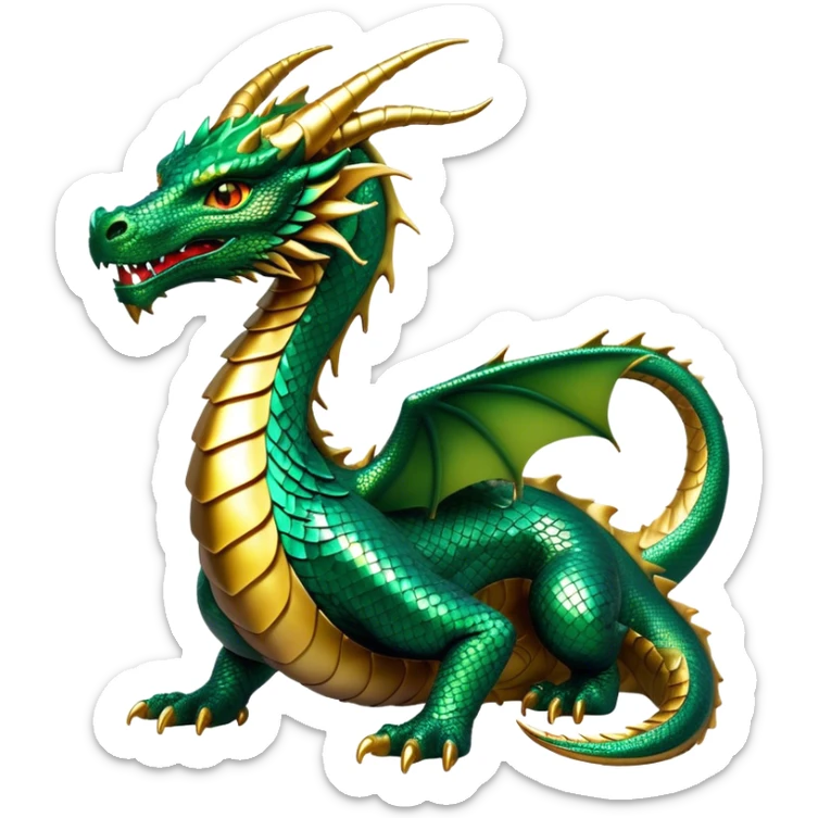 Cinematic Noble Dragon Portrait Emoji, Poised and majestic, with a sinuous, elongated body covered in intricately detailed, shimmering scales in hues of emerald and gold, and piercing, fiery eyes that reflect ancient wisdom; rendered with lifelike texture and natural highlights, high shine, intelligent and formidable, styled with an aura of mythic power, focused and attentive, soft glowing outline, capturing the essence of a legendary dragon that appears ready to soar out of the screen with timeless authority! sticker