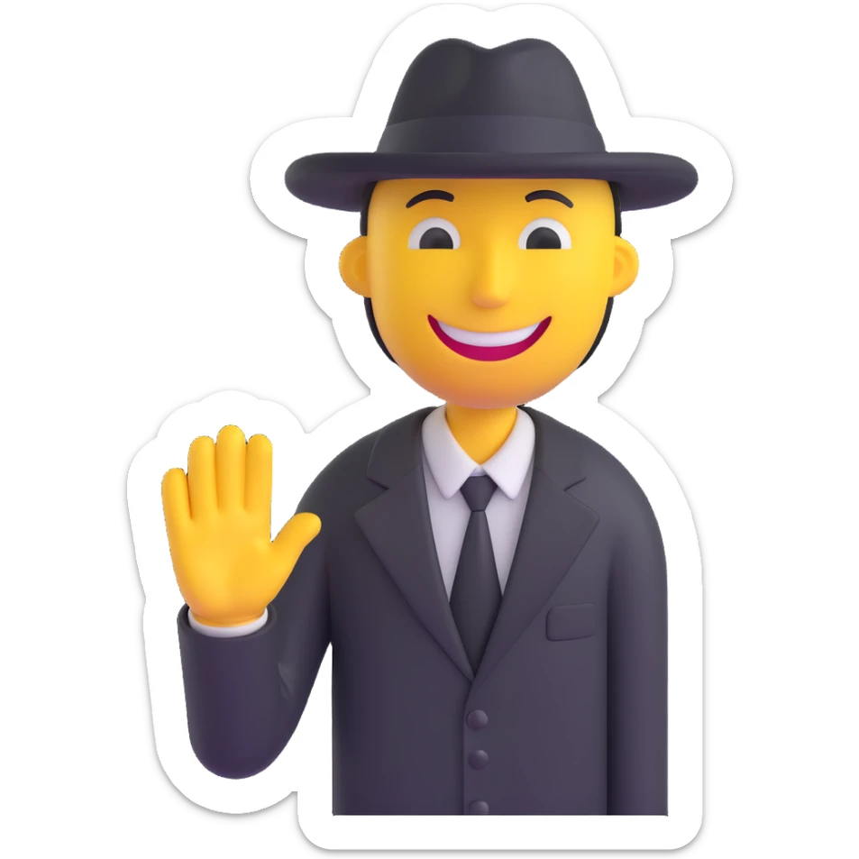 yellow cartoon man with a big smile wearing a black fedora casting a shadow over his eyes sticker