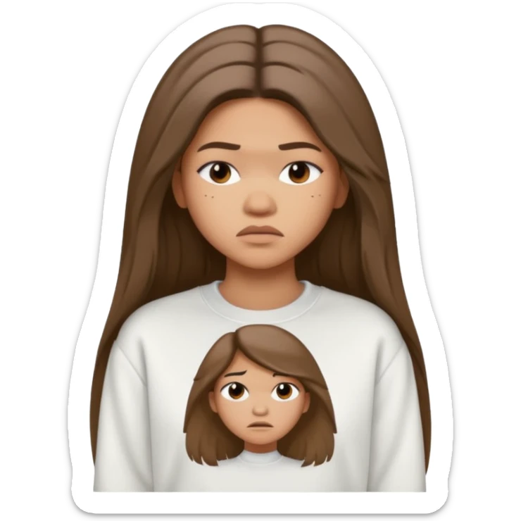 Zendaya in a white sweatshirt, should long hair, worried face sticker