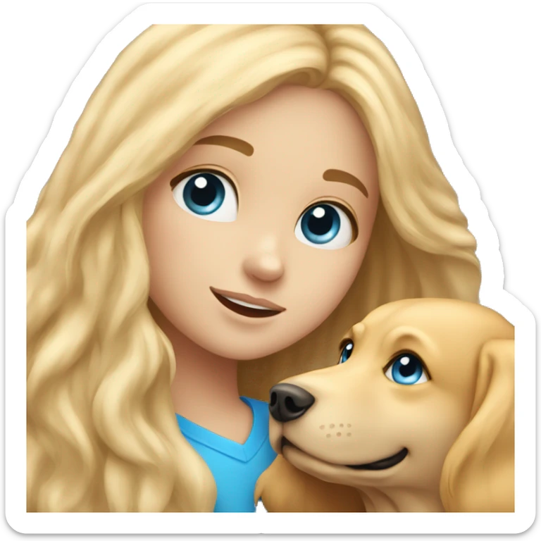 Girl with Blue eyes and Long blond hair cuddles with her golden Retriever sticker