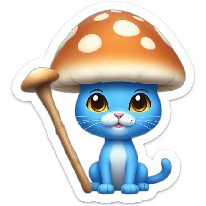  Cute Blue Cat NO ears wearing a mushroom cap carrying a stick in one arm standing on two legs no hair made of skin sticker