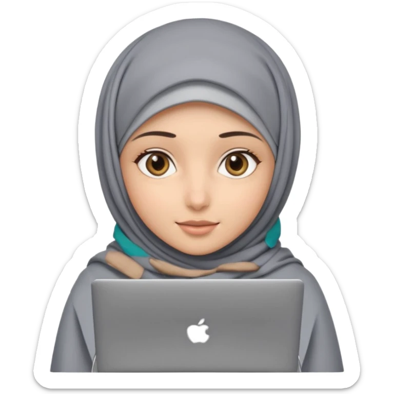 A girl wearing a gray hijab and with hazel eyes is carrying a laptop, not a laptop, just a regular laptop. Not mat bock  sticker