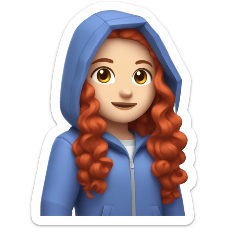 a white girl with long red curly hair, wearing periwinkle Minecraft hoodie playing a videogame sticker
