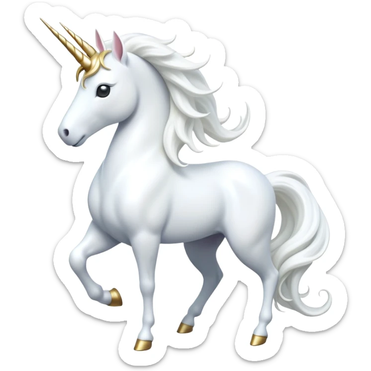 cinematic-beautiful-white-unicorn-full body-emoji,-poised-and-regal,-with-a-slender,-ethereal-form-draped-in-a-pristine-white-color,-a-flowing-mane-and-tail,-and-a-glistening,-spiraled-horn-that-radiates-pure-light,-simplified-yet-sharp-and-majestic, zoomed out to show a majestic unicorn sticker