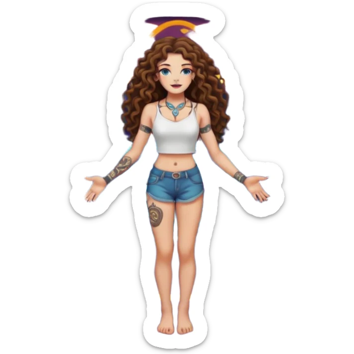 full body view of a woman with long curly brown hair, brown eyes, white skin, tattoos, standing in a magic circle on the ground, neon symbols around her feet sticker