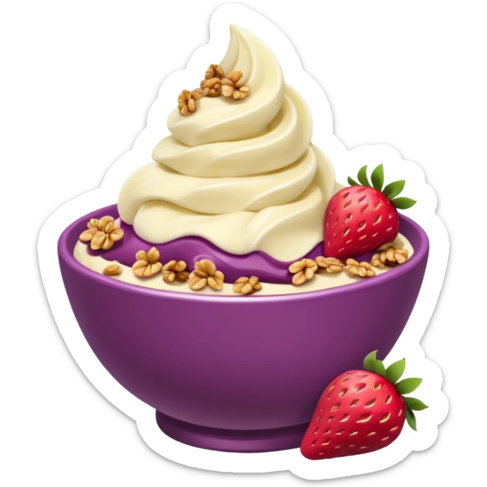 acai purple soft serve in a bowl strawberries and granola and chopped banana sticker