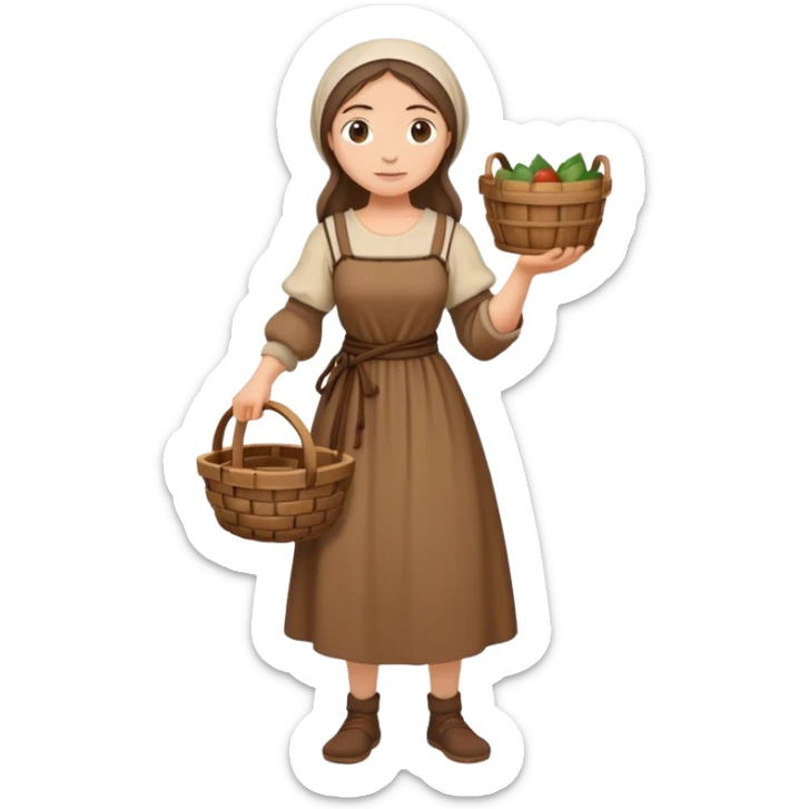 Full body of female medieval peasant in simple dress carrying basket sticker