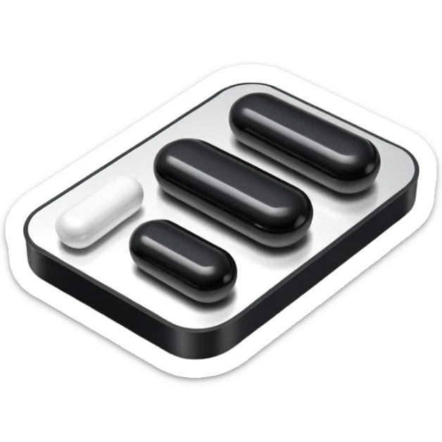 Minimalistic futuristic black medicine pills pack emoji, metallic black and white, reflective sleek surfaces, flat vector design, high-tech clean UI icon sticker