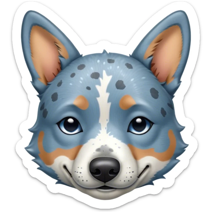 Meme-Worthy Cute Sleeping Blue Speckle Australian Cattle Dog Portrait Emoji, Head resting peacefully with a contented smile, showcasing a robust build and a luxuriously soft blue speckle Fur, eyes shut in a serene nap, Simplified yet hilariously adorable features, highly detailed, glowing with a soft, drowsy light, high shine, relaxed and utterly lovable, stylized with an air of playful laziness, bright and heartwarming, soft glowing outline, capturing the essence of a comically sleepy herder, so meme-worthy it feels like it could instantly become the next viral sensation of adorable slumber! sticker