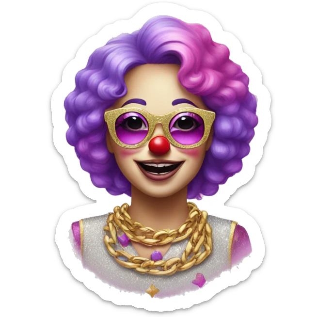 Lady Clown wearing pink sunglasses, glitter shirt, clown has pink and purple hair, gold chain,  sticker