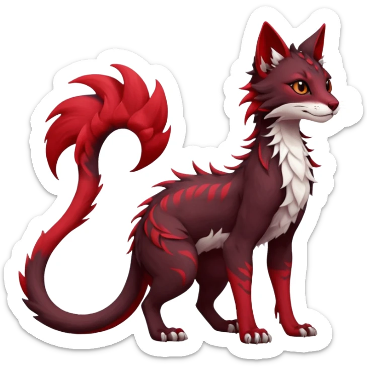 Kawaii dark-brown and crimson-red beautiful pretty elegant divine edgy fantasy feline-vernid-sergal-fursona animal creature with a tufted tail full body with intricate markings  sticker