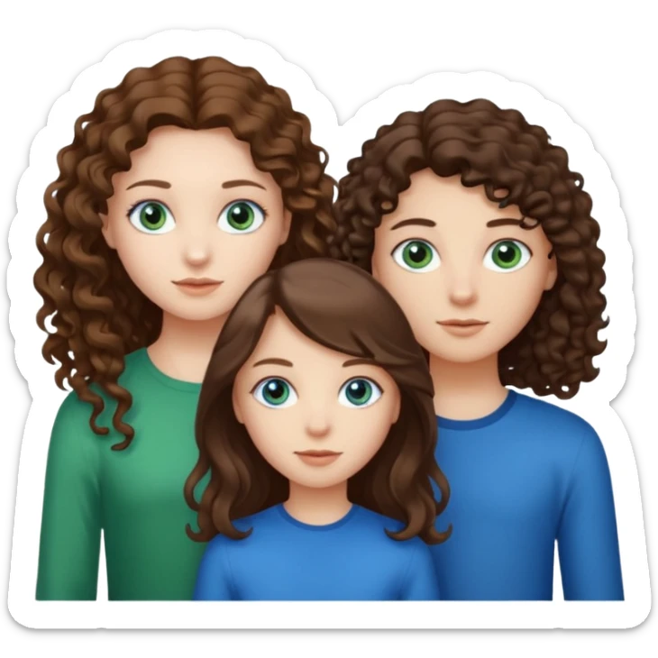 Two girls brunette one with straight long hair and blue eyes one with curly hair middle length and green eyes and the other a boy lighter brown with blue eyes sticker