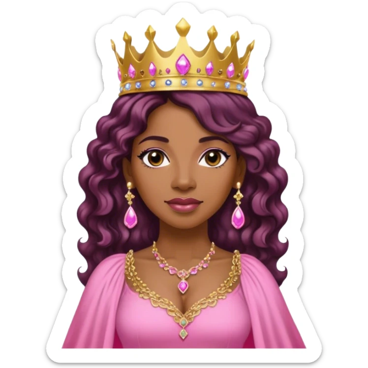 Crown TONE 4 black women with long WAVY hair pink dress pink crown facing forward black hair middle age adult woman gold gems in crown gold earrings  one woman sticker