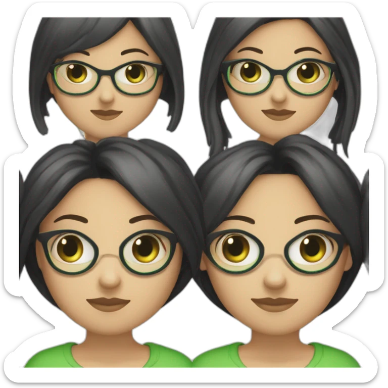 une fille avec de long cheveux noir lisse , des yeux vert , et avec des lunette (en forme de carrer un peu déformé) assez grosse comparer a ça tête , portant un pull noir sticker