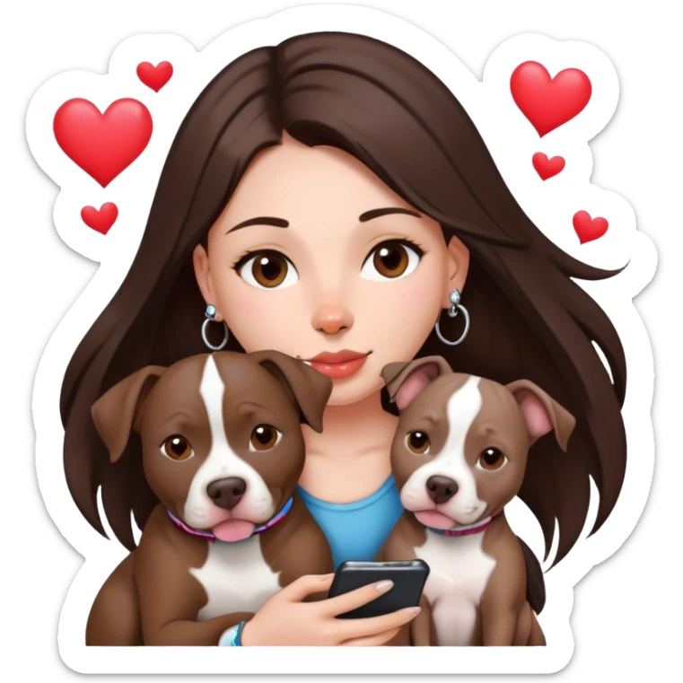 Young girl was long, dark brown hair sits with her dog who is a pretty girl pitbull with her cell phone in her hand in a small septum ring in her nose was hearts flying all around her sticker
