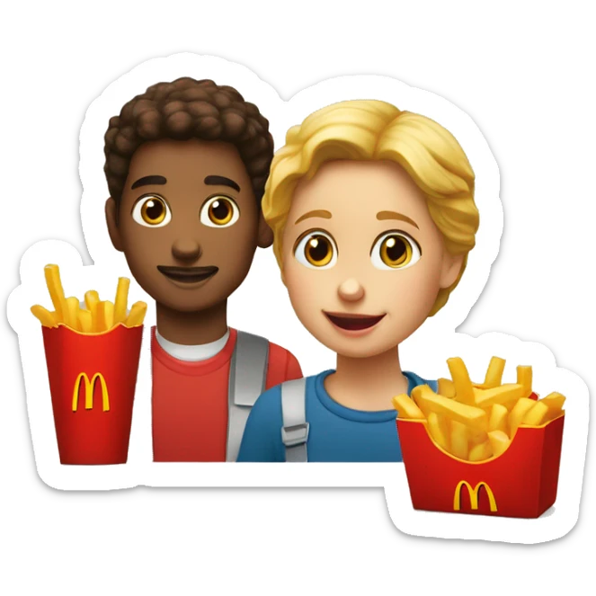 Two kids in the McDonald's and the kids eat happy meal sticker