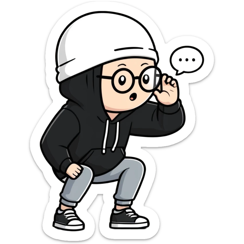 bald white guy with glasses, wearing a black beanie, black hoodie, crashing out, thought bubble saying “block her” sticker