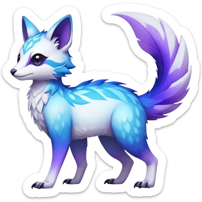 Rare realistic exotic edgy white and neon-blue and neon-purple gradients epic pretty beautiful handsome gorgeous aesthetic colorful vibrant Vernid-Trico-species-Fakemon-creature by LiLaiRa, 4 legs, 1 tail, random markings, (full body) sticker