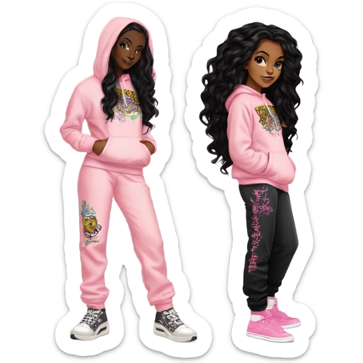 Light skin black girl with long black hair standing up straight with an pale pink ed hardy hoodie logo and pale pink Ed hardy sweatpants with logo  sticker