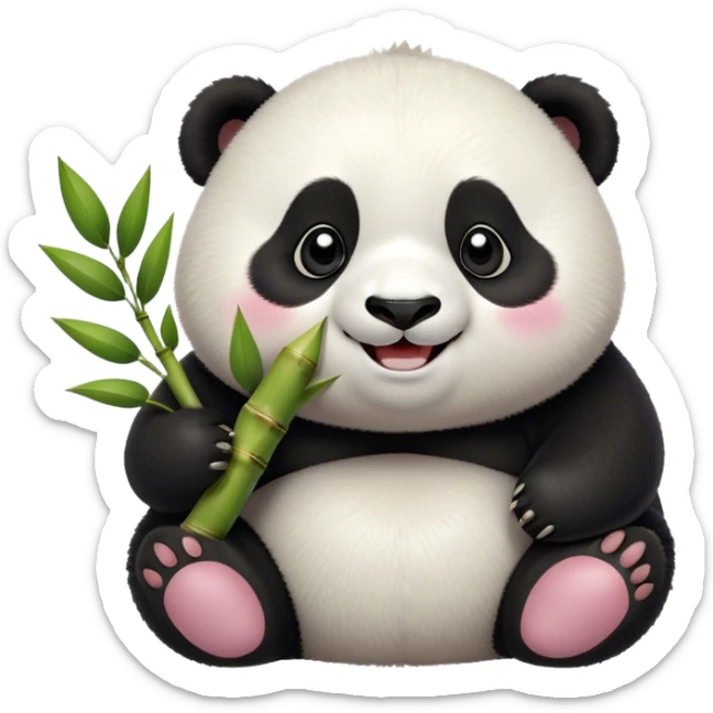 Cinematic smiling chubby panda, fluffy black and white fur, round rosy cheeks, tiny paws holding a bamboo shoot, sparkling eyes full of joy, soft glowing background, irresistibly huggable. sticker