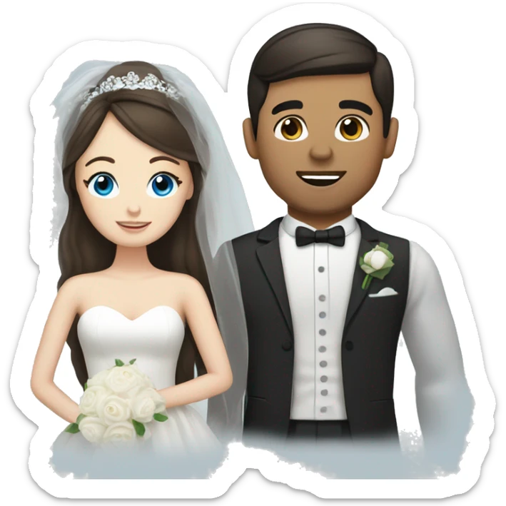 Bride with pale skin, dark brown hair & blue eyes standing with Groom with dark brown hair sticker