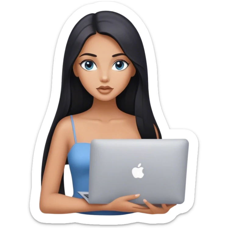 Glamours tanned very beautiful girl with pump nude lips and black straight smooth long hair, blue-grey eyes with one MacBook. sticker