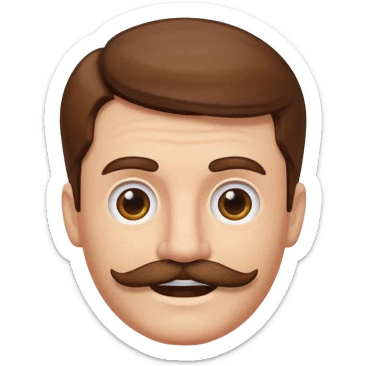 white man with parted brown hair and a thick mustache in the stock ios emoji style. he is smiling and his hair is a bit unkempt sticker