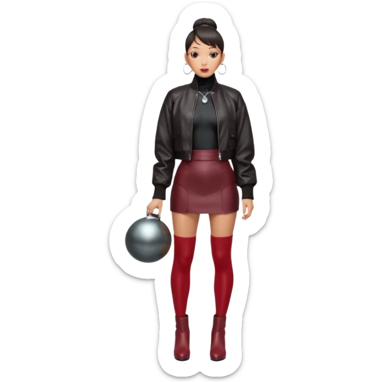 Full-body shot of an East Asian woman with a low sleek bun. Oversized black leather jacket that reaches the hips, black turtleneck, silver orb necklace. Red leather mini skirt, burgundy tights, and red long boots. Clean, fashion-editorial look. sticker