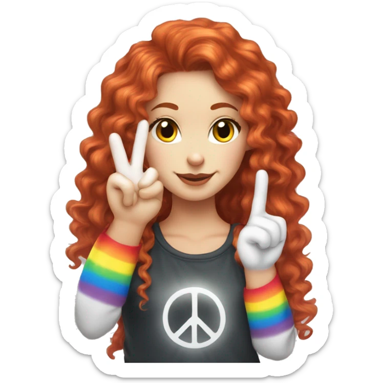 a white girl with long red curly hair in a pony tail with rainbow shirt does peace sign wearing cat ears one black other white sticker