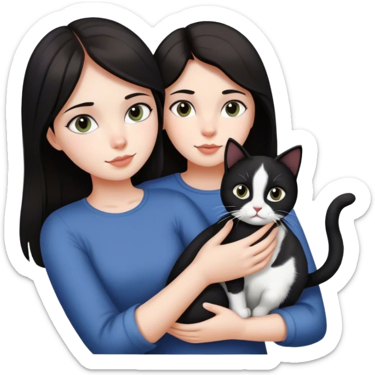 a girl with dark hair holds a black and white cat in her hand and admires it sticker