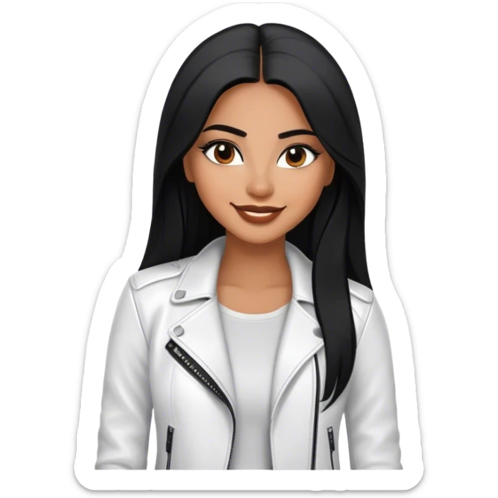 beautiful fit woman, with long straight black hair, with make up, black eye liner, smile mooth close, mexican, brown skin, wearing casual white outfit and leather black jacket, flirting sticker