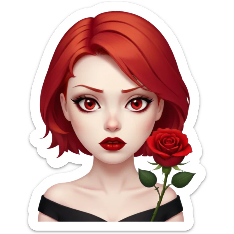 a beautiful very angry woman with red hair and red eyes. The woman wear a black little cutted dress. She have red lipstick and she have a seductive look. She have a rose flower in her hair. Angry face sticker