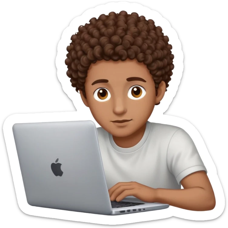male with brown eyes and very short brown curly hair with a fade, working on a laptop sticker