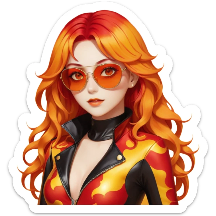 Beautiful gorgeous anime lady with beautiful fiery long warm-red-orange-yellow-gradient-wavy-special-hair, fashion aesthetic, slim red-tinted-sunglasses, accessories, gold jewelries, red-and-yellow sunny-pattern-eyes, black latex-suit, biker-woman, cool, badasa sticker
